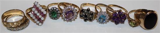 Ten 9ct gold gem set rings